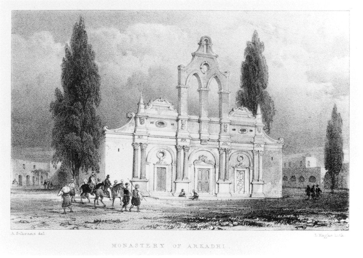 पशली द्वारा &39;ट्रेवल्स इन क्रेते&39; से आर्कडी, क्रेते का मठ, लुई हागे (1806-85) 1837 द्वारा उत्कीर्ण द्वारा एंटोन श्रेंज