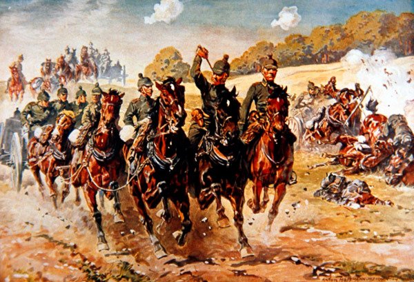 जर्मन फील्ड आर्टिलरी आग के नीचे कार्रवाई में सरपट दौड़ती है द्वारा एंटोन हॉफमन