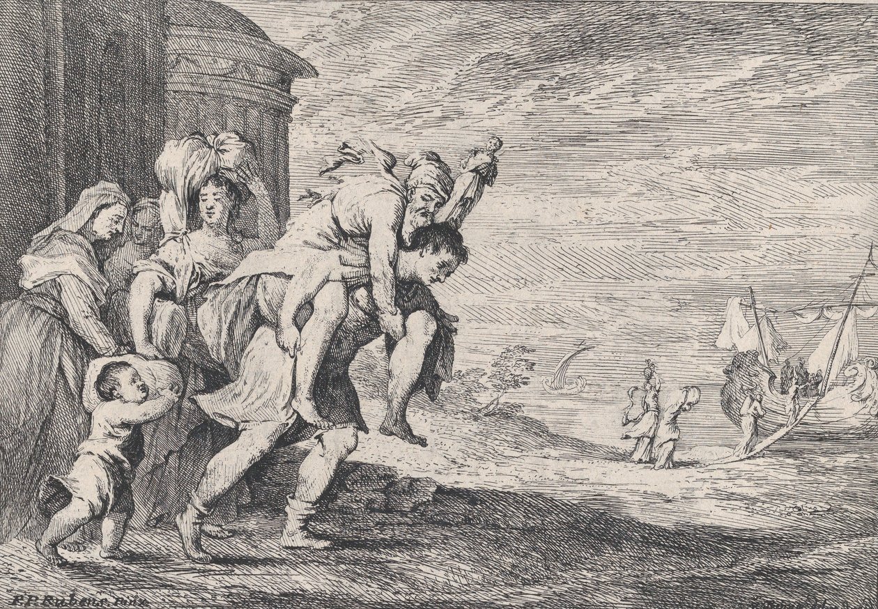 Aeneas ट्रॉय से भाग रहा है, छह लोगों के एक समूह के साथ बाईं ओर शहर छोड़ रहा है, Aeneas ले जा रहा है ..., 1728। द्वारा एंटोन जोसेफ वॉन प्रेनर