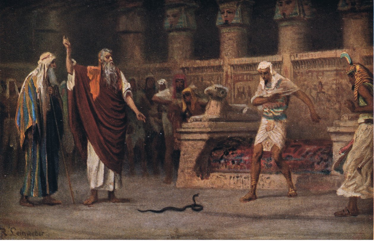 द जॉन विंस्टन कंपनी, 1932 द्वारा प्रकाशित बाइबिल के हलबर्ट्स स्टोरी से फिरौन से पहले मूसा और हारून द्वारा एंटोन रॉबर्ट लेइनवेबर