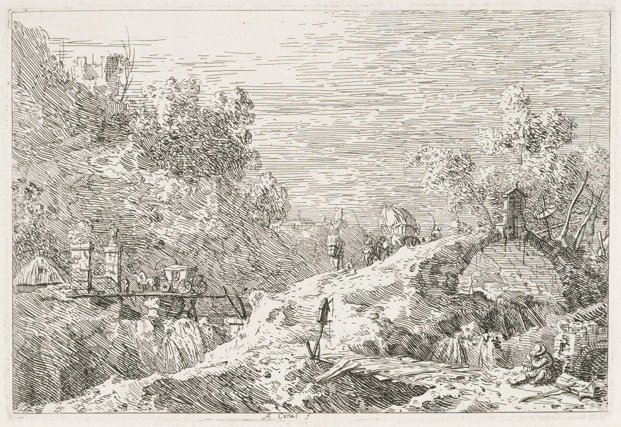 दृश्य: फाइव ब्रिज के साथ माउंटेन लैंडस्केप, 1735-1746। द्वारा जियोवानी एंटोनियो कैनाल (कैनेटेटो)