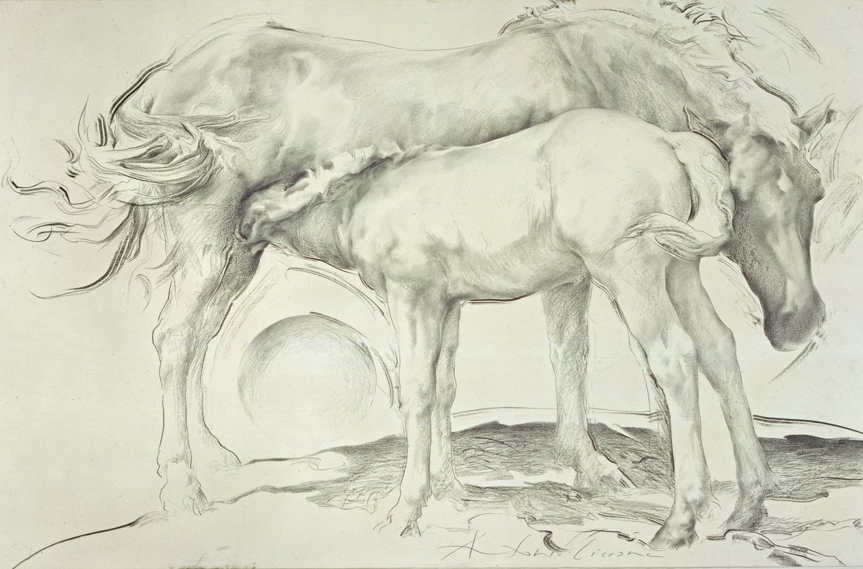 कूलमोर में घोड़े, 1990 (कागज पर लकड़ी का कोयला) द्वारा एंटोनियो साइकोन
