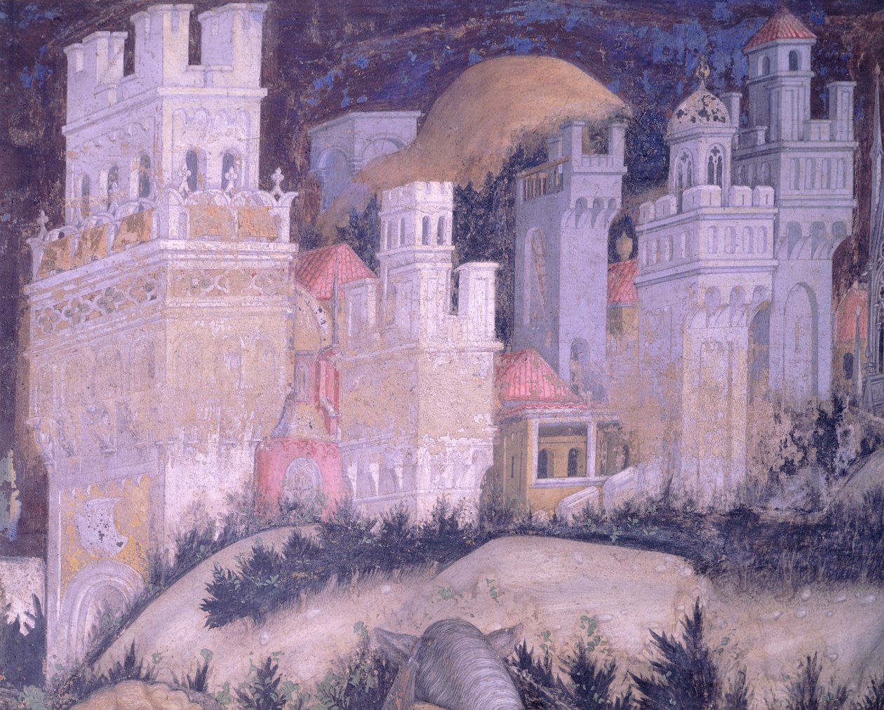 सेंट जॉर्ज और राजकुमारी, बुर्ज शहर, एंटोनियो पिसानेलो (1395-1455), फ्रेस्को, सेंट अनास्तासिया के बेसिलिका, वेरोना द्वारा द्वारा एंटोनियो पिसानेलो