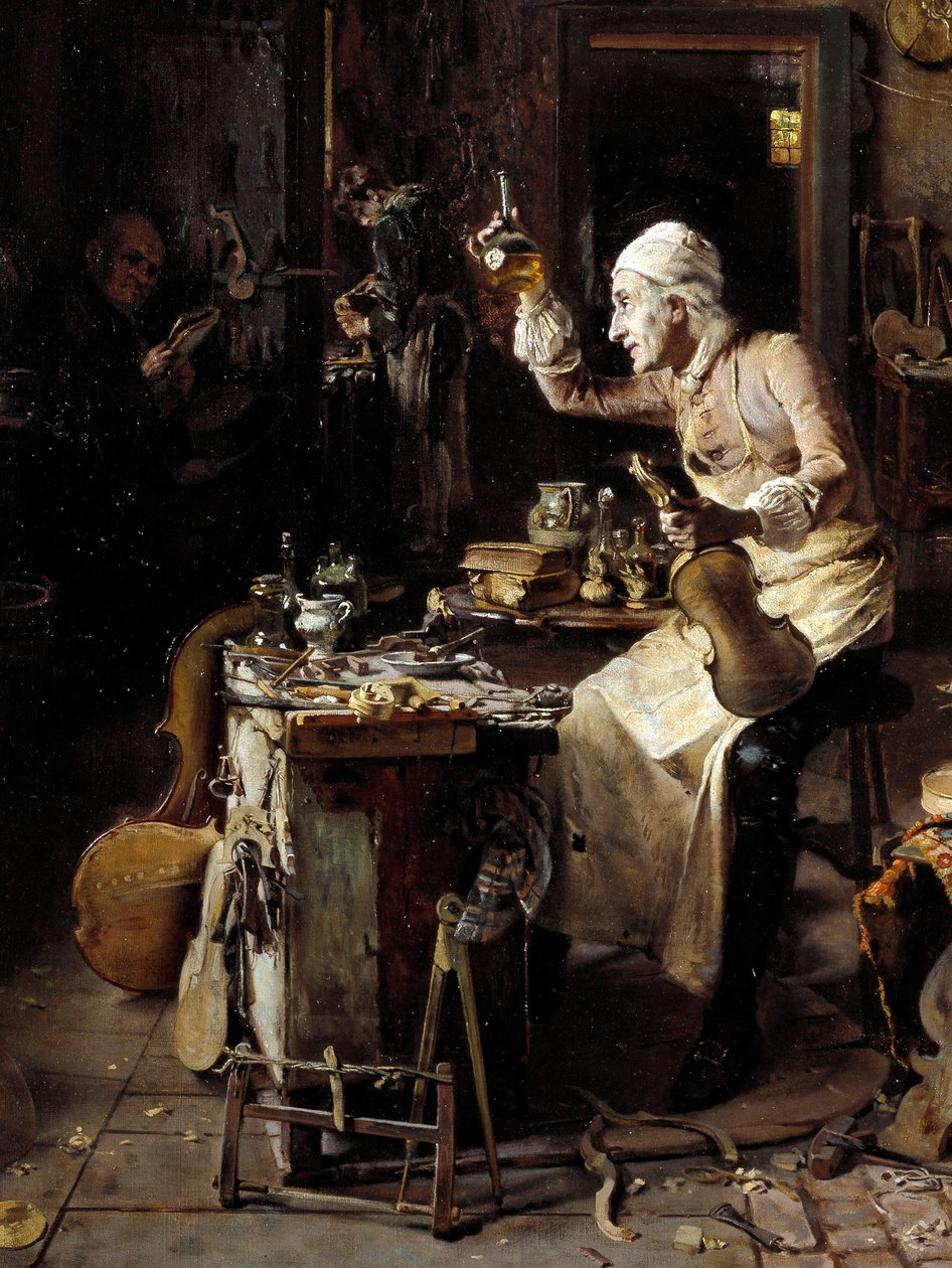 विस्तार से: "" इटालियन लूथियर स्ट्राडिवेरियस (एंटोनियो स्ट्राडिवेरियस) (1644-1737) अपनी कार्यशाला में"" एंटोनियो रिनाल्डी द्वारा पेंटिंग (19 वीं शताब्दी) 1886 क्रेमोन, म्यूजियो सिविको द्वारा एंटोनियो रिनाल्डी