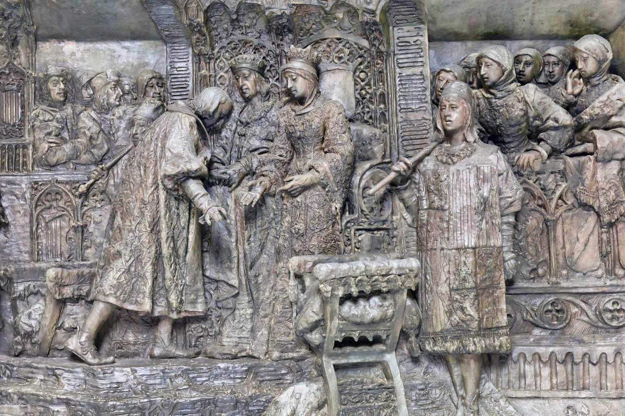 कोलंबस और कैथोलिक किंग्स, बार्सिलोना में सैलून डेल टिनेल में कैथोलिक राजाओं को कोलंबस की प्रस्तुति का विवरण (कांस्य) द्वारा एंटोनियो सुसिलो फर्नांडीज