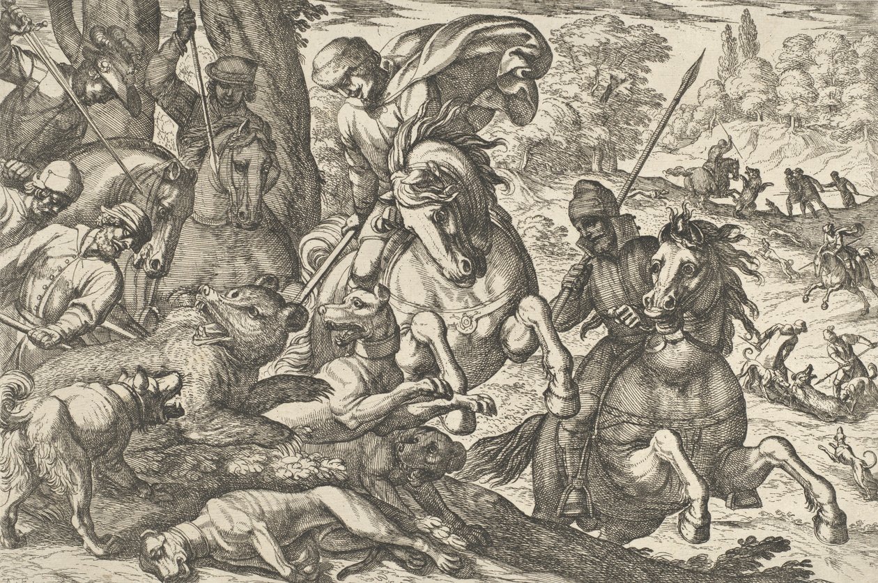 भालू का शिकार, 'हंटिंग सीन VI' से, 1609। द्वारा एंटोनियो टेम्पेस्टा