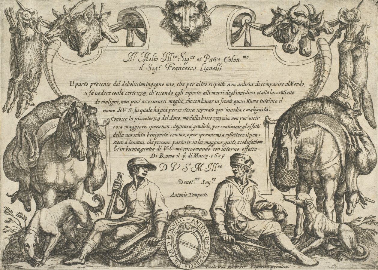 हंटर्स, डॉग्स एंड हॉर्सेस के साथ फ्रंटिसपीस, 'हंटिंग सीन्स VI', 1609 से। द्वारा एंटोनियो टेम्पेस्टा