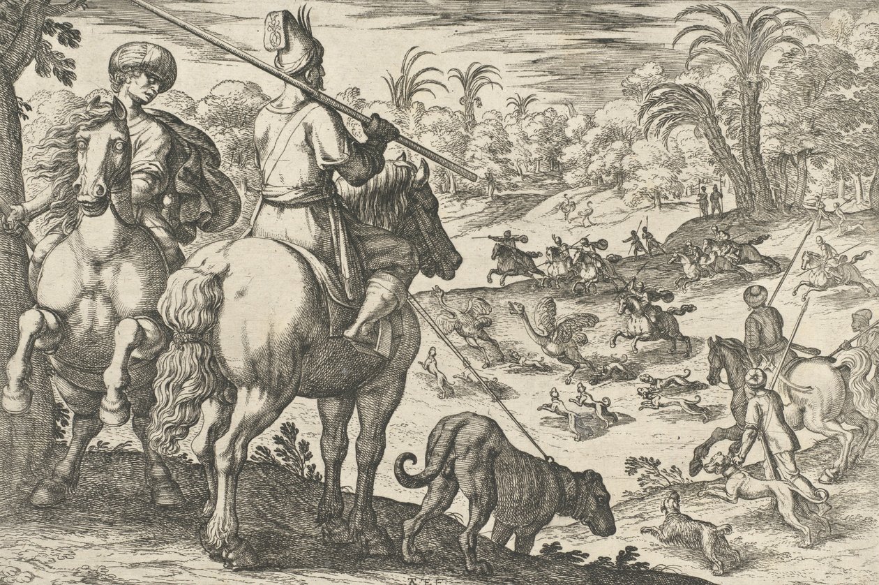 ऑस्ट्रिच हंट, 'हंटिंग सीन VI' से, 1609। द्वारा एंटोनियो टेम्पेस्टा