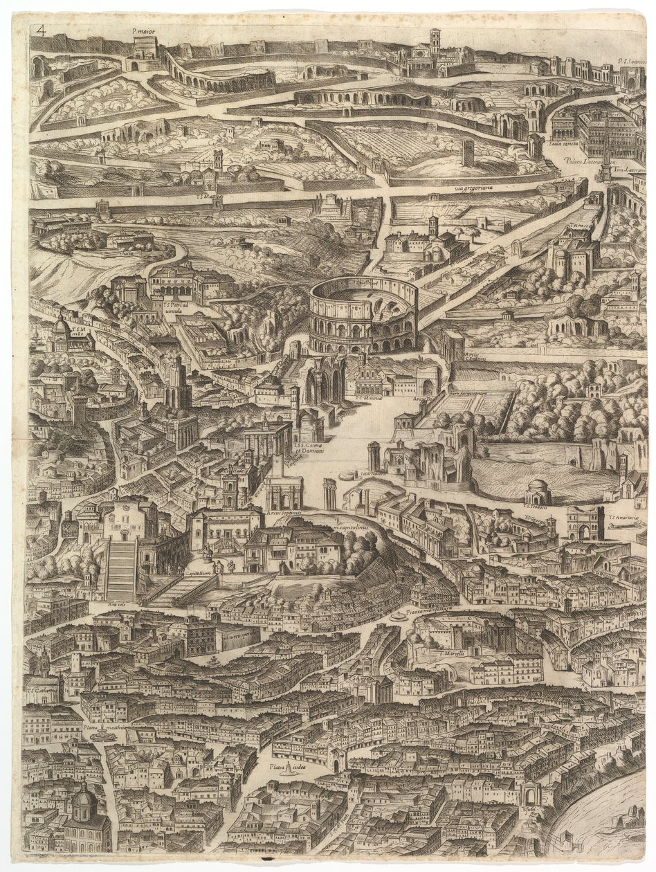 रोम शहर की योजना। भाग 4 में आराकोली में सांता मारिया, फोरम रोमनम, ..., 1645। द्वारा एंटोनियो टेम्पेस्टा