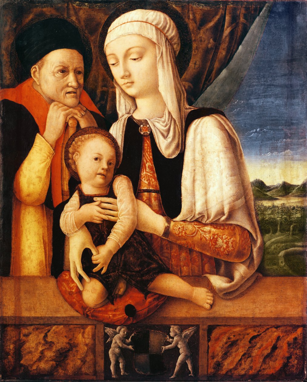 द होली फ़ैमिली (बारबरा डी ब्रैंडेबौग, डचेस ऑफ़ मंटुआ का हथियार), c.1450-60 (तेल पर तेल द्वारा एंटोनियो विवारिनी
