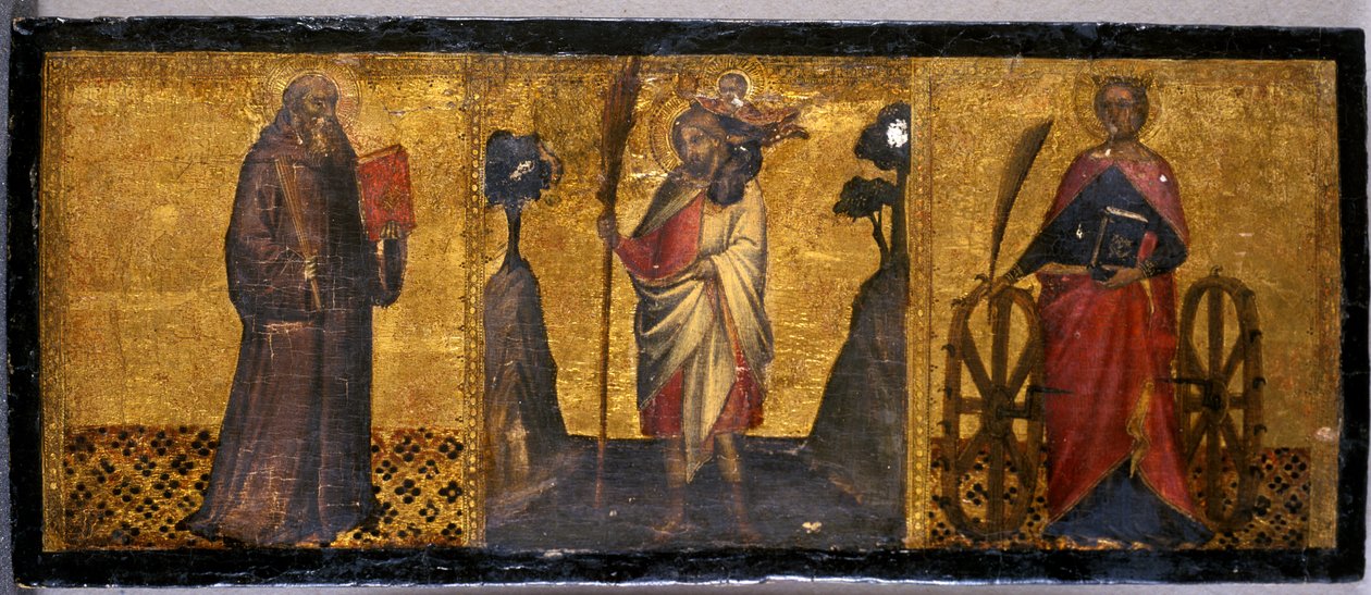 सेंट बेनेडिक्ट, सेंट क्रिस्टोफर और सेंट कैथरीन, c.1400 (चिनार की लकड़ी पर तापमान) द्वारा एरीटिनो लुका स्पिनेलो या स्पिनेली