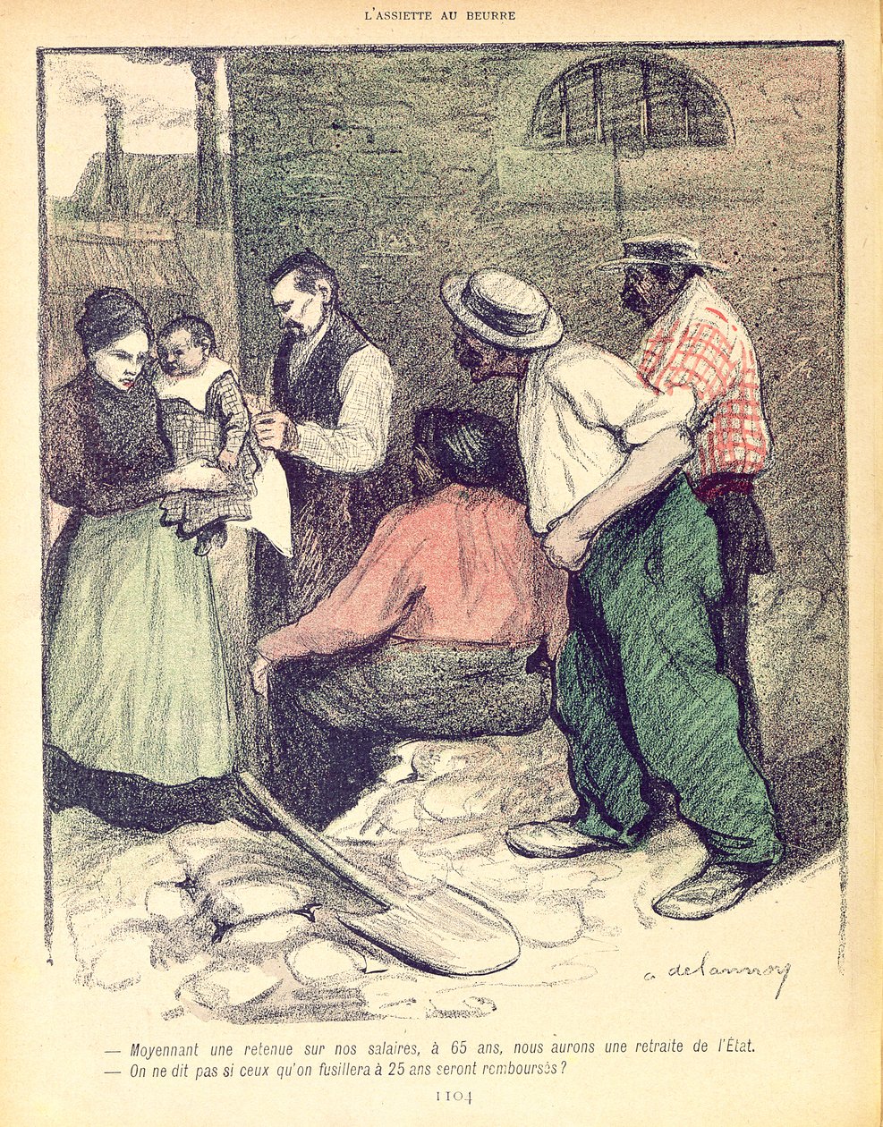 65 वर्ष की आयु में सेवानिवृत्ति पर चर्चा करने वाले श्रमिकों का समूह और राज्य पेंशन को निधि देने के लिए कर में कटौती, &39;एल&39;आइटी एयू बेउरे&39; से कार्टून, 8 जुलाई, 1902 द्वारा एरिस्टाइड डेलानॉय
