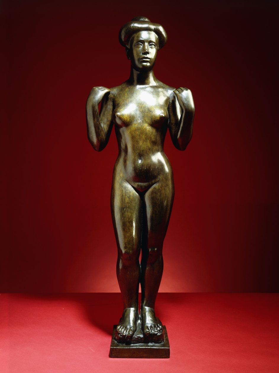 बाथर, शस्त्र उठाकर; Baigneuse, ऑक्स ब्रा लेव्स, c.1900 (हरे-भूरे रंग के पेटिना के साथ कांस्य) द्वारा एरिस्टाइड मैयोल