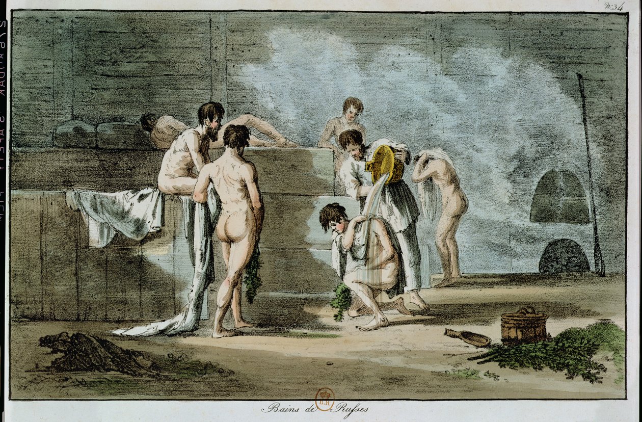 रूसी पुरुष एक सौना में, रूसी मुद्रा और सीमा शुल्क से, 1821 (रंगीन लिथो) द्वारा आर्मंड गुस्ताव हेबिगेंट