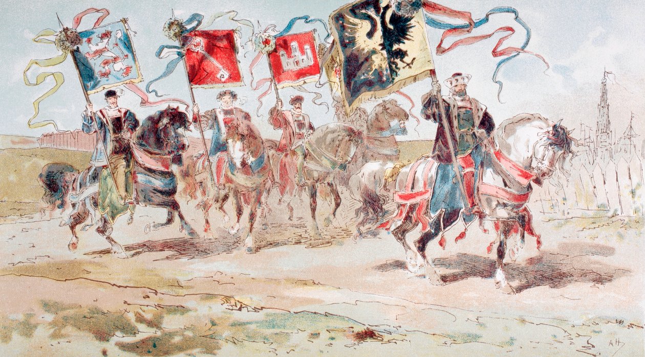 16 वीं शताब्दी, 1886 के लीग से संबंधित हैन्सटिक लीग और टाउनस के बैनरों को ले जाने वाले घुड़सवार द्वारा आर्मंड जीन हेन्स