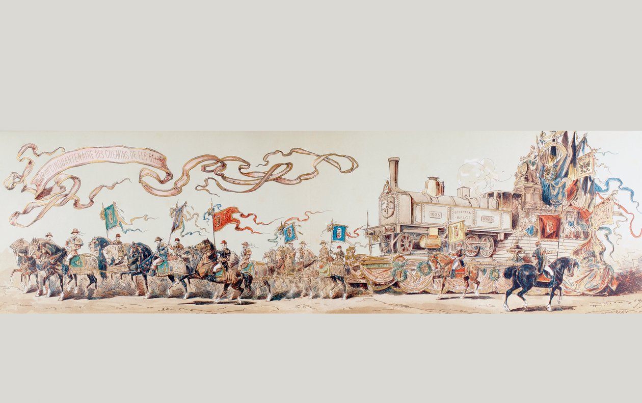 1835 से 1885, 1886 तक बेल्जियम रेलवे प्रणाली के 50 वर्षों का जश्न मनाते हुए चित्र द्वारा आर्मंड जीन हेन्स