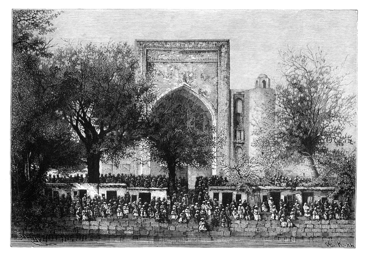 1895 में उज्बेकिस्तान के बुखारा में मस्जिद से पहले एक सभा। द्वारा अरमानंद कोहल