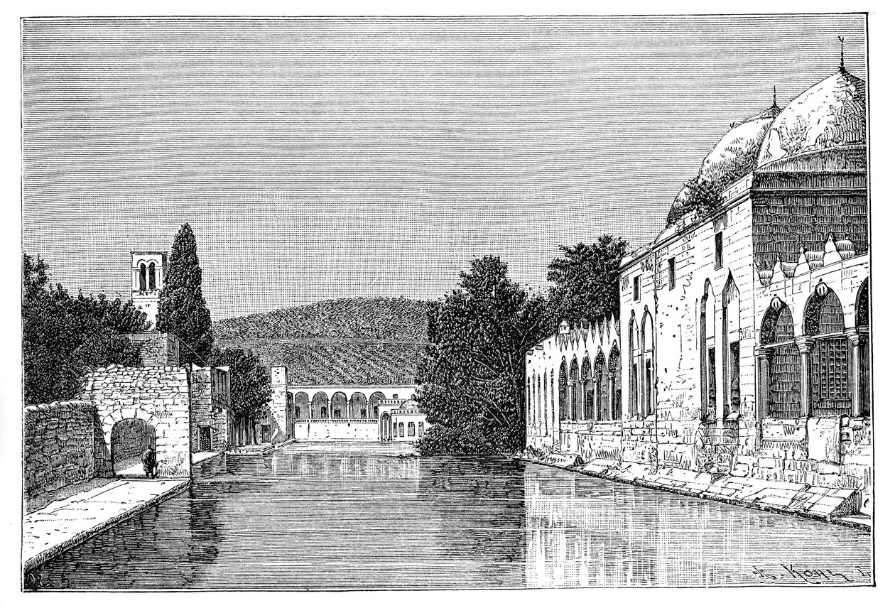 मस्जिद और इब्राहीम का फव्वारा, तैय्यबा, वेस्ट बैंक, इज़राइल, 1895 में। द्वारा अरमानंद कोहल