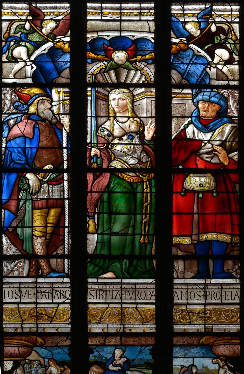 जोसु, सिबिल यूरोप और अमोस - सेंट कैथरीन के चैपल में सना हुआ ग्लास, अरनॉड डी मोल्स (1470-1520), 1513 में पूरा हुआ - कैथेड्रेल सैंट मैरी डी'आच (गेर्स) (15 वीं-17 वीं शताब्दी) द्वारा अरनौद दे मोल्स