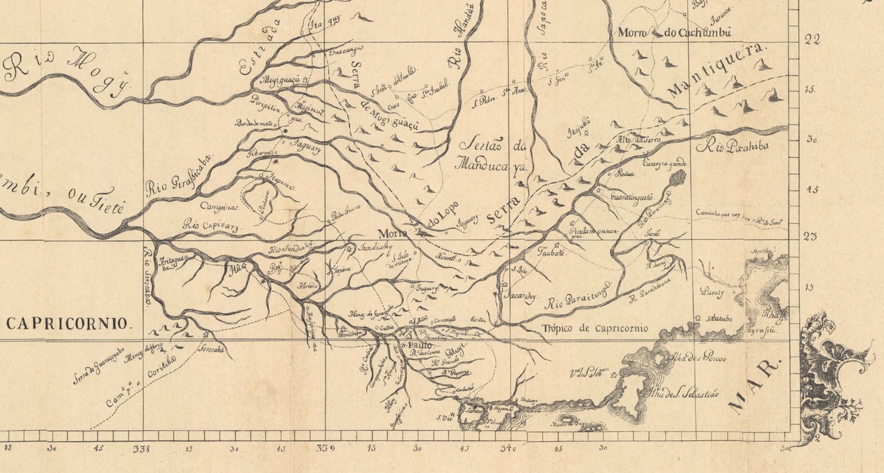 साओ पाउलो के साथ मिनस गेरैस राज्य की सीमाओं के कोरियोग्राफिक चार्ट में 1766 में साओ पाउलो की कप्तानी। द्वारा Aroeira