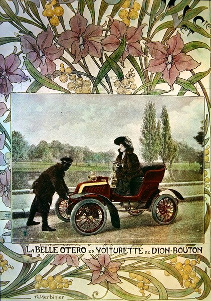 डी बेलियन-बॉटन कार के पहिए पर La Belle Otero, c.1900 द्वारा आर्सेन हर्बिनियर