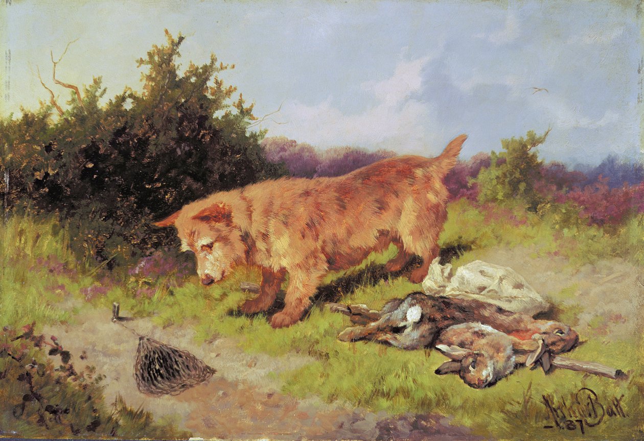 टेरियर एक खरगोश जाल, 1887 (मिलबोर्ड पर तेल) द्वारा आर्थर लड़ाई