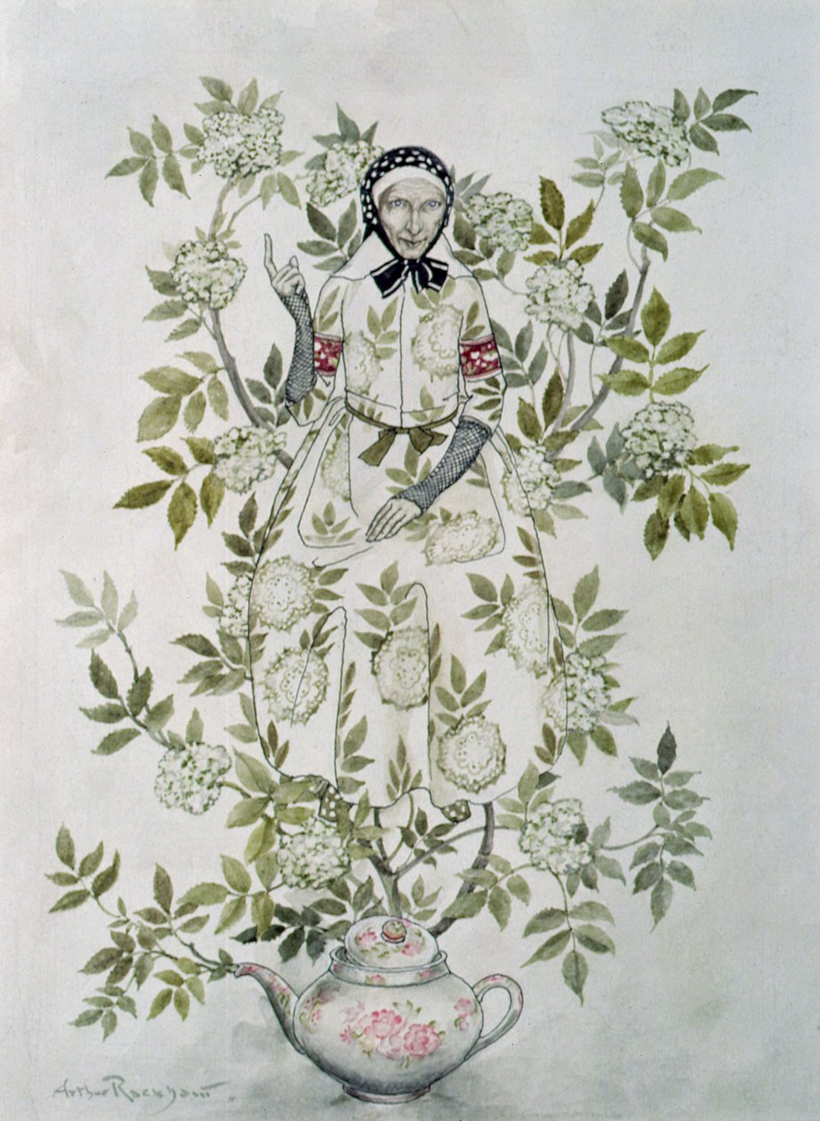 &39;बीच में एक पेड़ एक दयालु दिखने वाली बूढ़ी औरत&39;, हंस क्रिश्चियन एंडरसन (1805-75) द्वारा 1932 में प्रकाशित &39;फेयरी टेल्स&39; से &39;एल्डर ट्री मदर&39; का चित्रण द्वारा आर्थर रैकहम