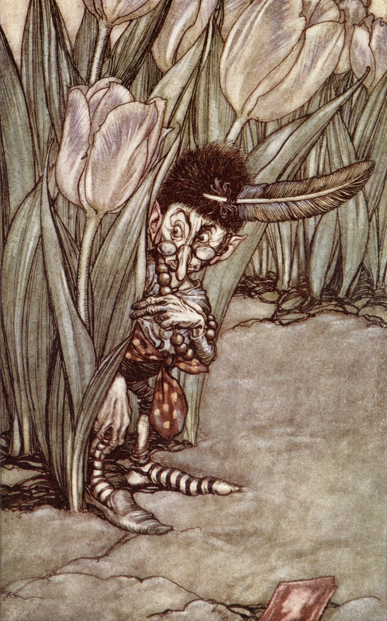 &39;जब उसने पीटर की आवाज़ सुनी तो वह एक ट्यूलिप के पीछे अलार्म बजा रहा था&39;, जेएम बैरी द्वारा &39;पीटर पैन इन केनसिंगटन गार्डन&39; (1860-1937) 1910 में प्रकाशित द्वारा आर्थर रैकहम