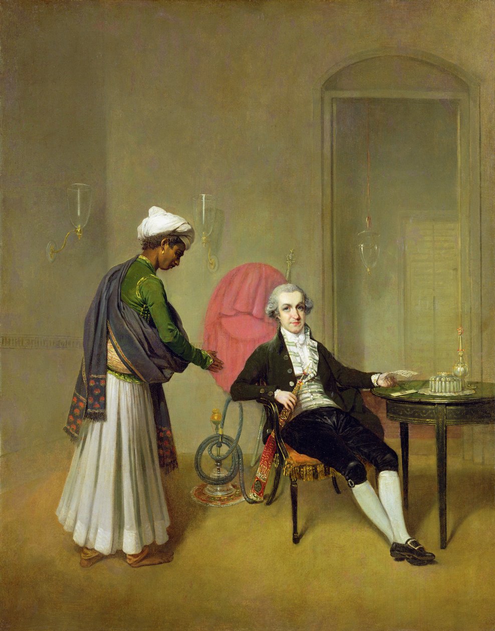 एक सज्जन, संभवतः विलियम हिक्की और उनका भारतीय नौकर, c.1785 (कैनवास पर तेल) द्वारा आर्थर देवी
