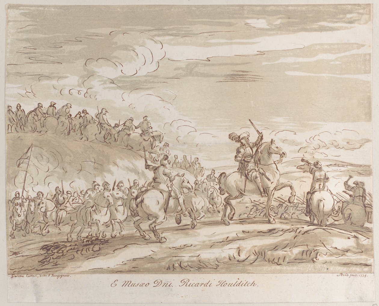 घोड़े की पीठ पर तलवार उठाते हुए एक केंद्रीय आकृति के साथ कैवेलरी, 1735., 1735, चार्ज की ओर बढ़ रही है। द्वारा आर्थर तालाब