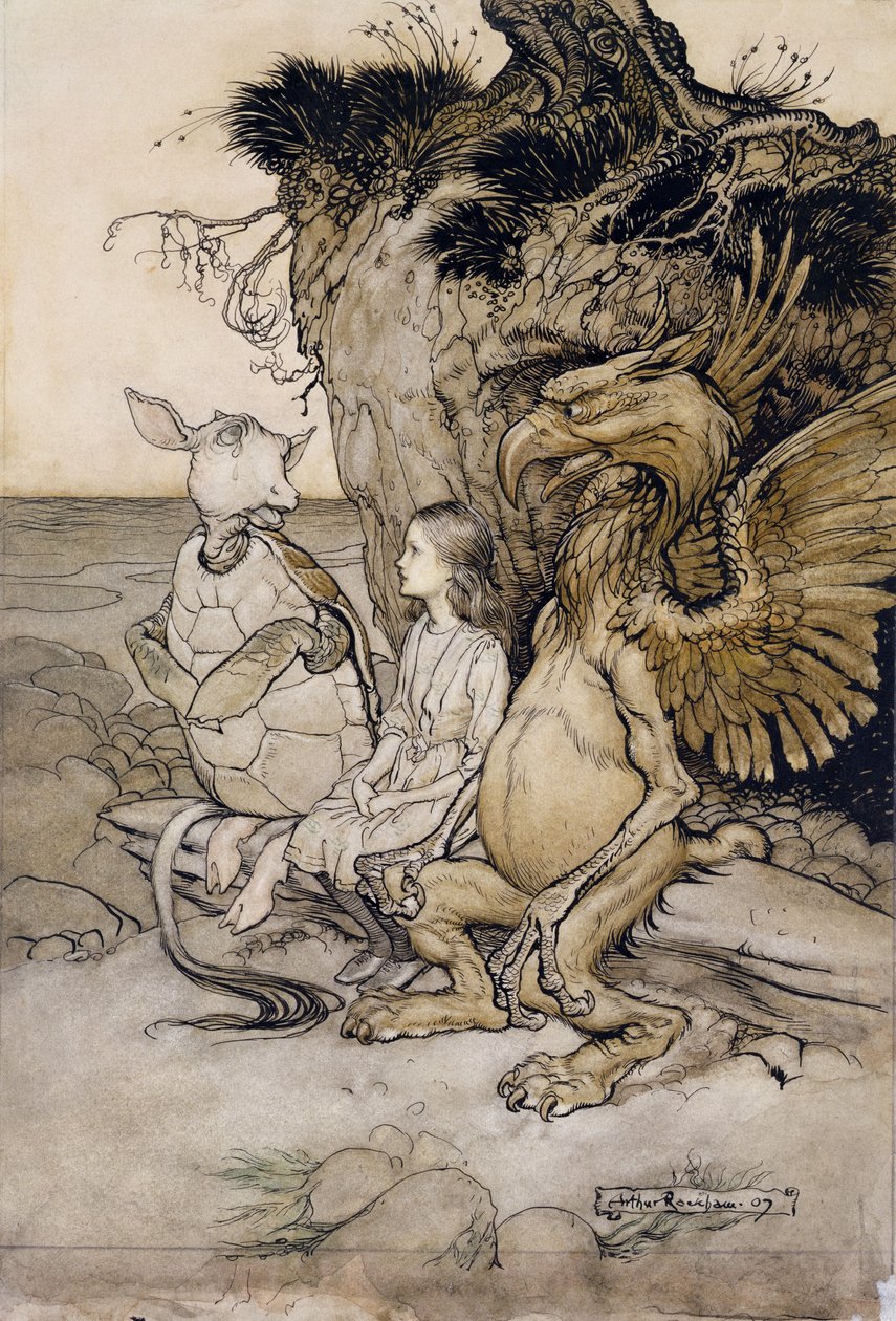 ऐलिस एंड द मॉक कछुआ, एलिस एडवेंचर्स इन वंडरलैंड, 1907 (कागज पर कलम और स्याही और wc) से चित्रण द्वारा आर्थर रैकहम