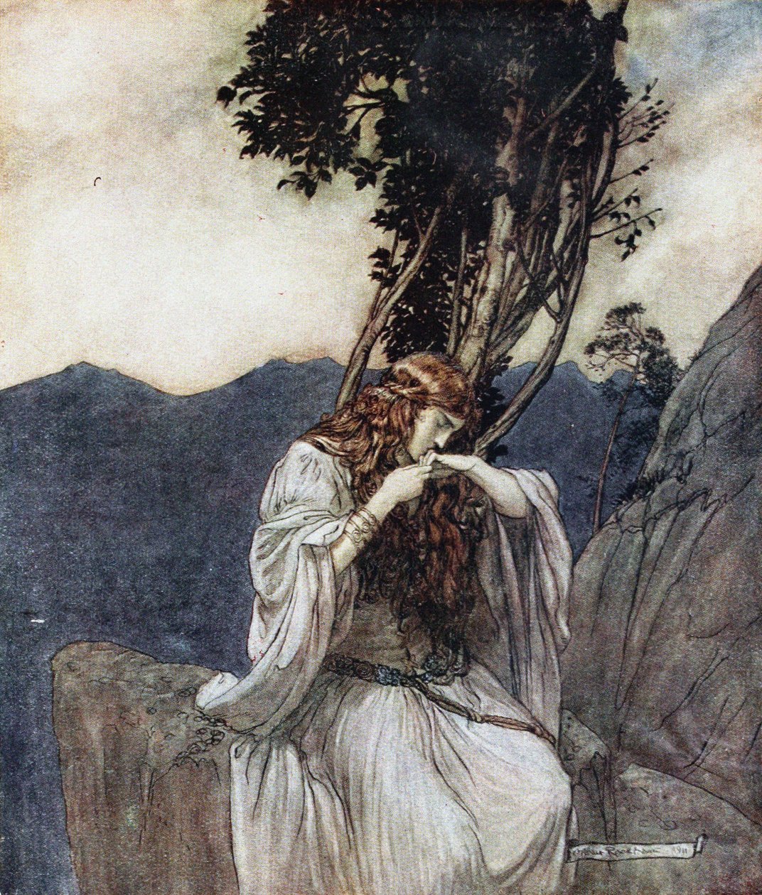 Brünnhilde अंगूठी कि Siegfried उसके साथ छोड़ दिया है चूम लेती है। सीगफ्राइड और ट्वी के लिए चित्रण द्वारा आर्थर रैकहम