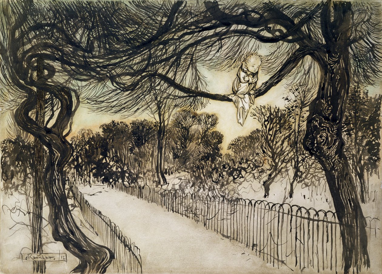 एक शाखा पर पीटर पैन, जेएम बैरी, 1912 (कलम और स्याही और wc) द्वारा पीटर पैन से केंसिंग्टन गार्डन में दृश्य द्वारा आर्थर रैकहम