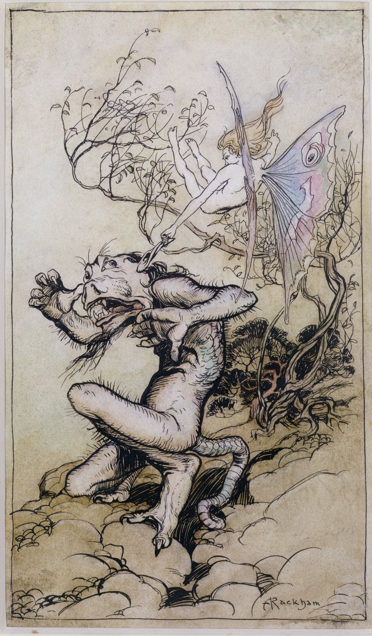 स्प्राइट एंड मॉन्स्टर, चार्ल्स (1775-1834) शेक्सपियर की कहानियों का एक चित्रण और मैरी लैम्ब (1764-1847) 1909 (कलम और स्याही, wc) द्वारा आर्थर रैकहम