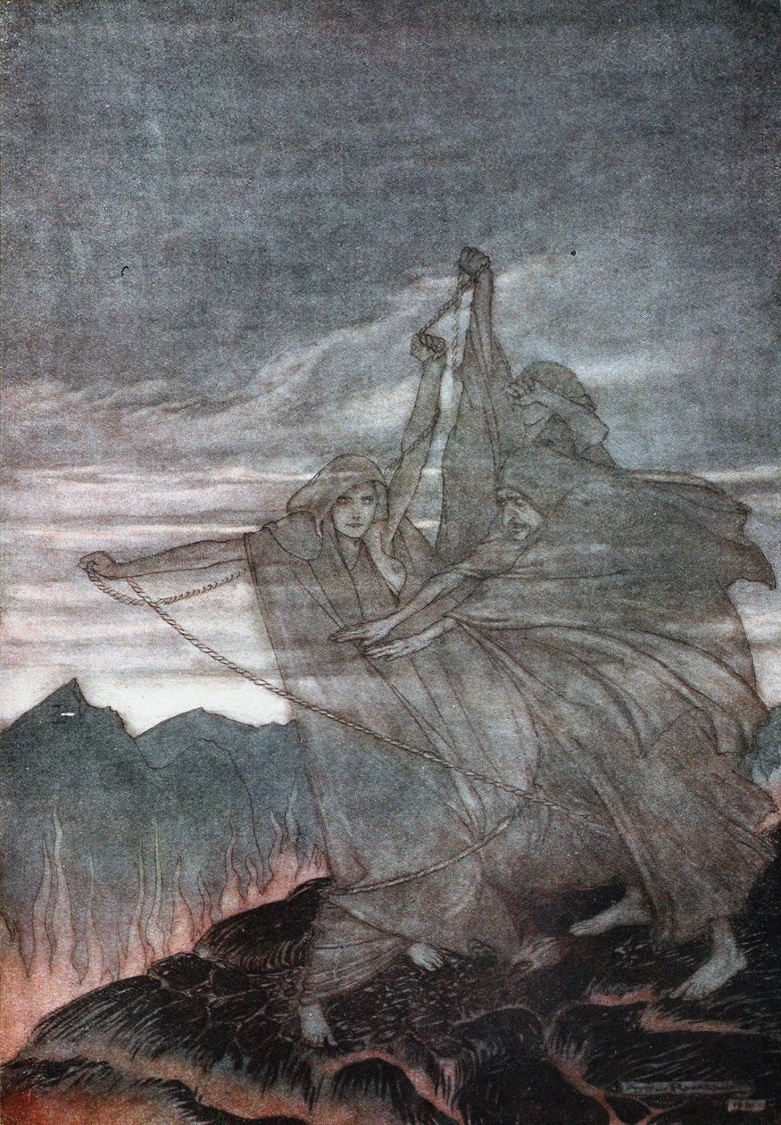 Norns गायब हो गया। 1910 के रिचर्ड वैगनर द्वारा सीगफ्रीड और द ट्वाइलाइट ऑफ द गॉड्स का चित्रण द्वारा आर्थर रैकहम