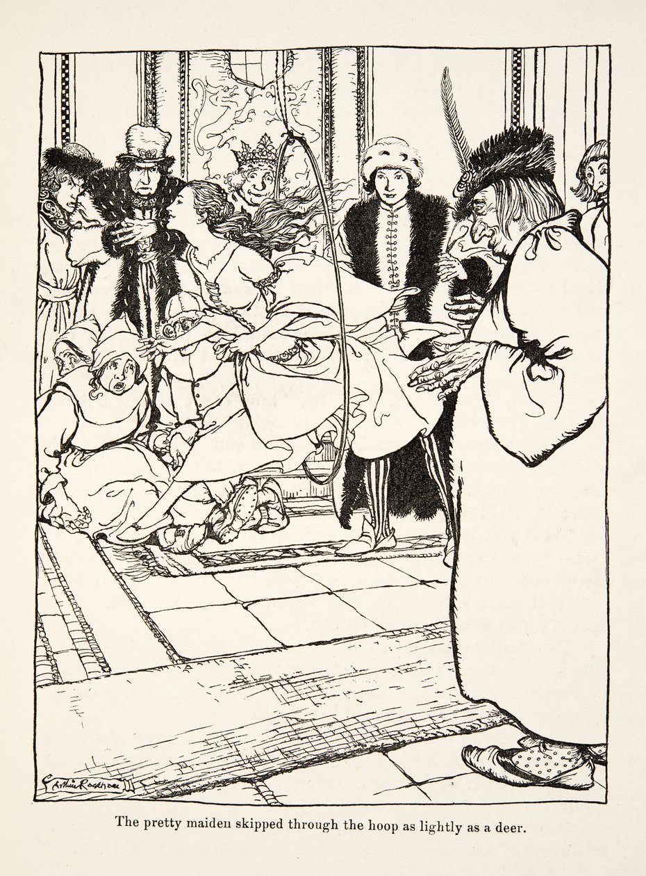 लिटिल ब्रदर एंड लिटिल सिस्टर एंड अदर टेल्स बाय द ब्रदर्स ग्रिम, पब.1917 (लिथो) से सुंदर युवती एक हिरण की तरह हल्के से घेरा से निकल गई। द्वारा आर्थर रैकहम