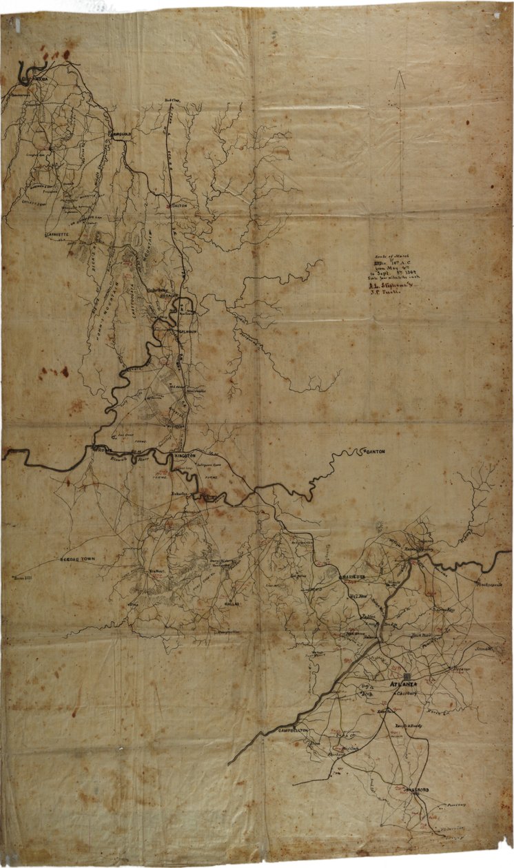 जनरल शेरमेन अटलांटा अभियान की पांडुलिपि गृह युद्ध का नक्शा, c.1864 द्वारा असबरी एल। और स्नेल, जेपी स्टीवंस
