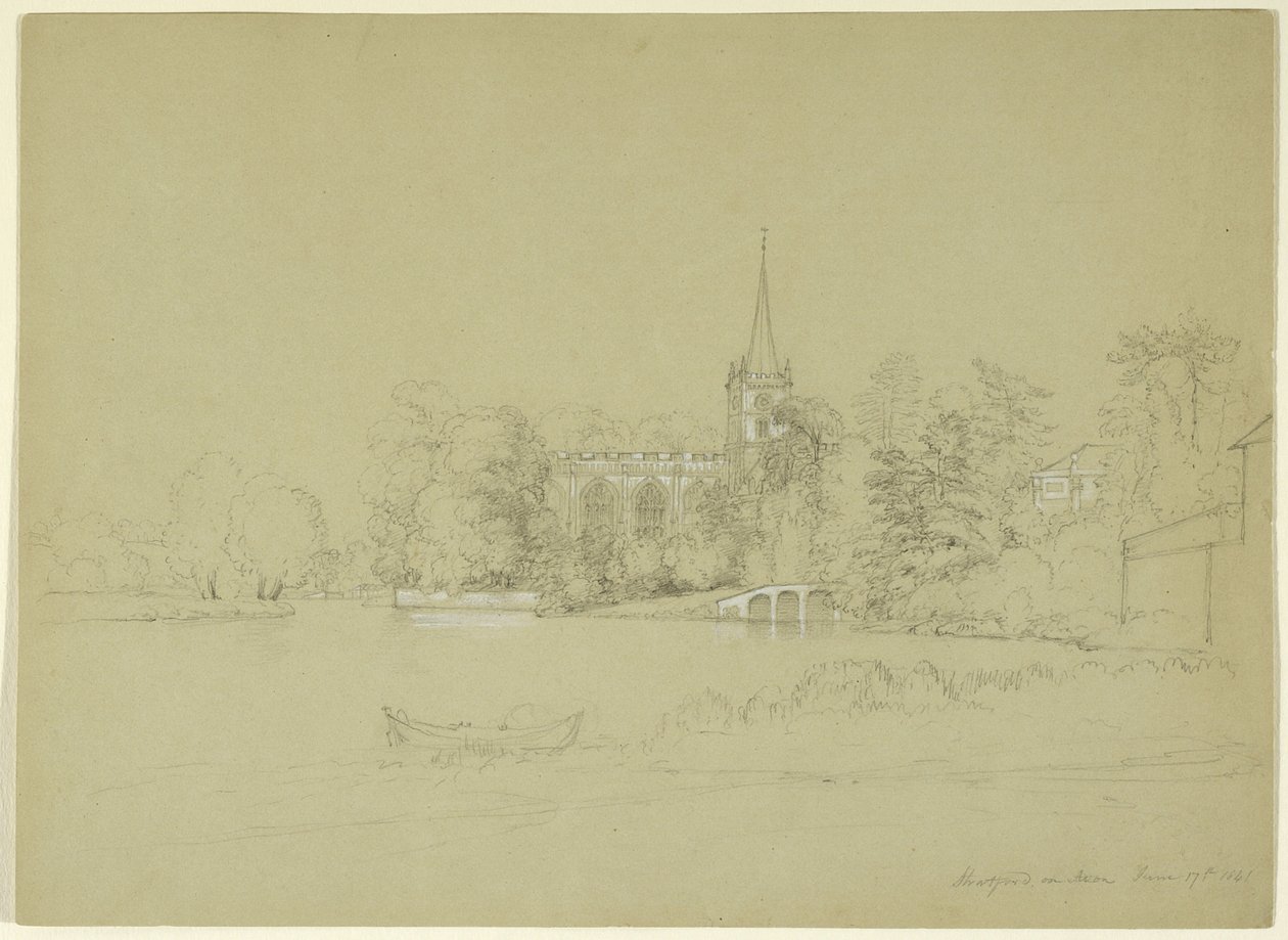 पैरिश चर्च, स्ट्रैटफ़ोर्ड-ऑन-एवन, इंग्लैंड, 1841 (ग्रे पेपर पर ग्रेफाइट और सफेद गौचे) द्वारा एशर ब्राउन डूरंड