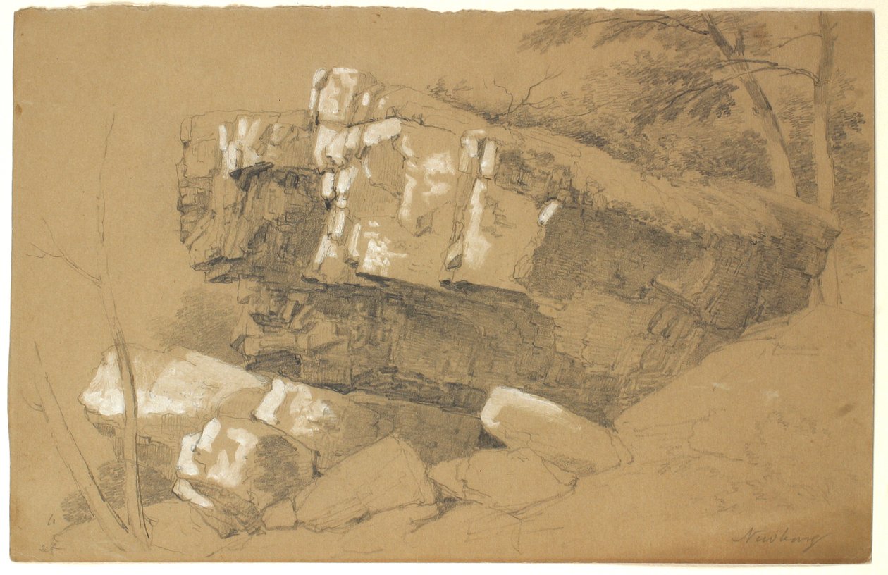 चट्टानों का अध्ययन, न्यूबर्ग, न्यूयॉर्क, 1849 (भूरे रंग के कागज पर ग्रेफाइट और सफेद गौचे) द्वारा एशर ब्राउन डूरंड