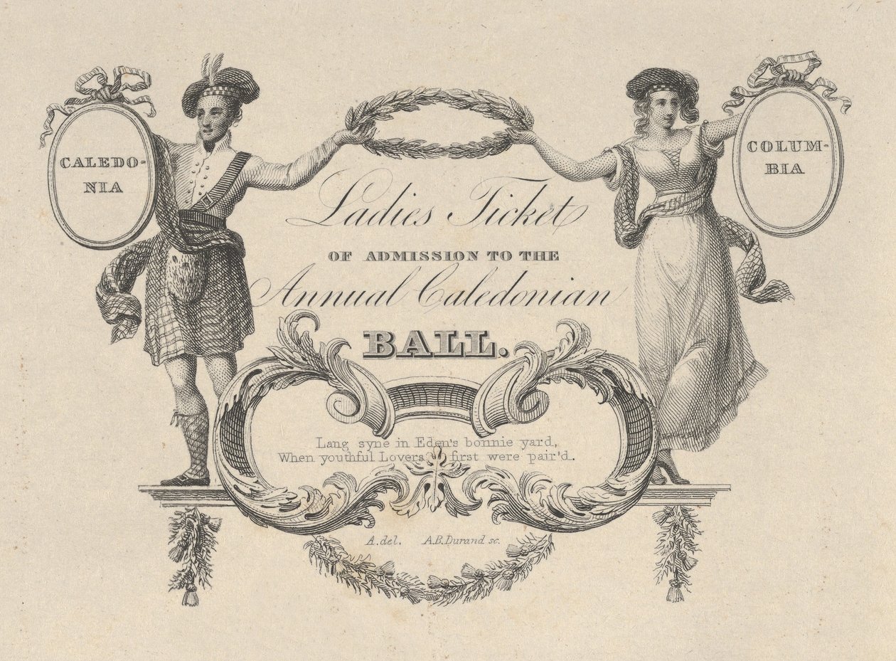 वार्षिक कैलेडोनियन बॉल, 1824 में प्रवेश का महिलाओं का टिकट। द्वारा एशर ब्राउन डूरंड