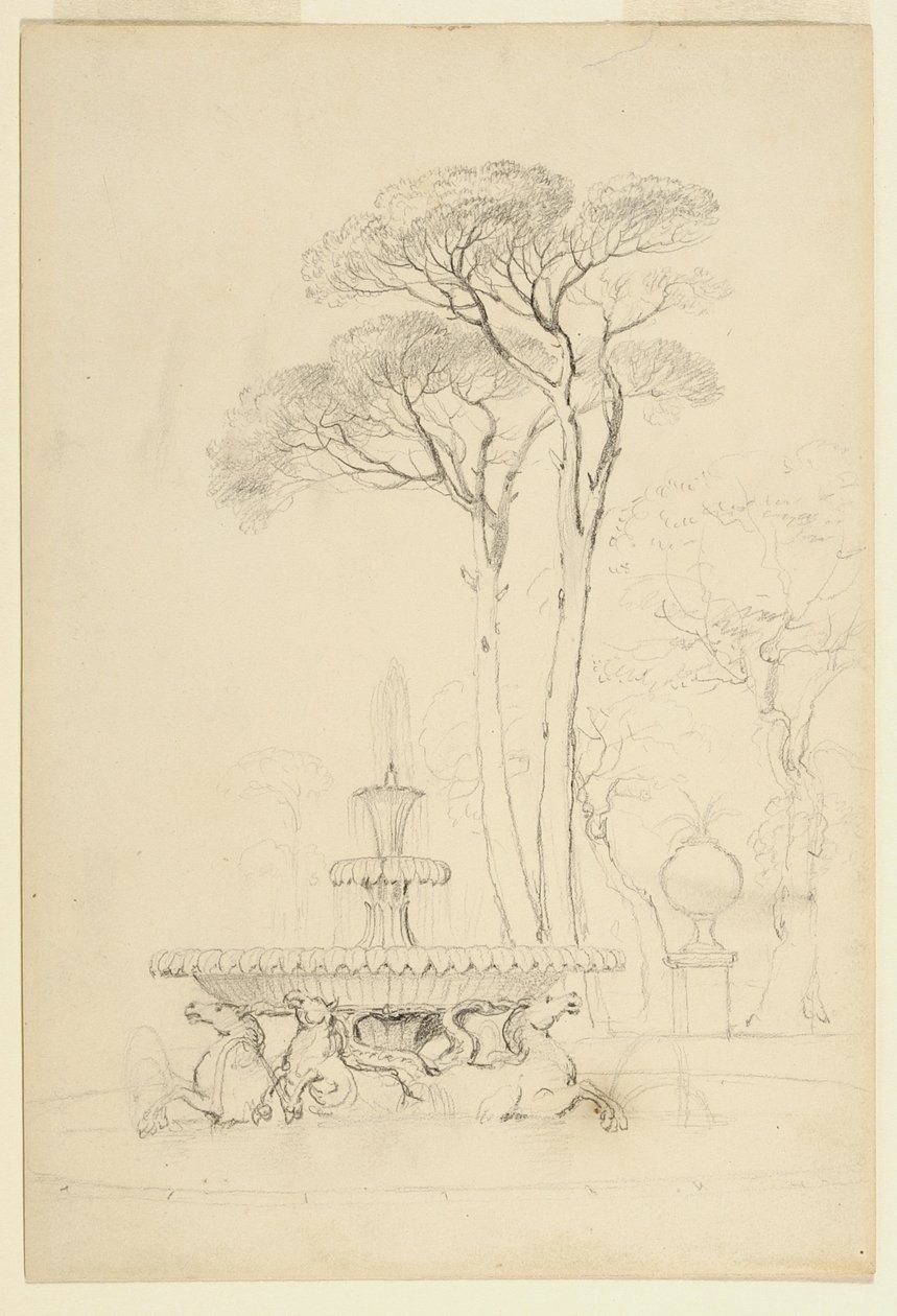हिप्पोकैम्पस फाउंटेन-फ़ोंटाना डी &39;कैवली मारिनी का क्रिस्टोफ़ोरो अन्टर्बर्गर, 1791- बोरघेईज़ गार्डन, रोम, इटली, 1841 (कागज पर ग्रेफाइट) द्वारा देखें द्वारा एशर ब्राउन डूरंड