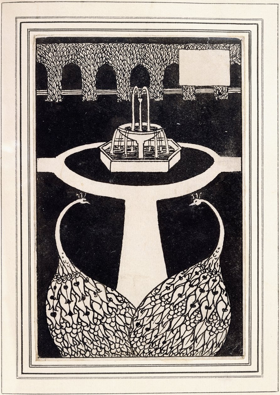 अध्याय के शीर्ष पर एक फव्वारे के साथ एक बगीचे में दो मोरों का चित्रण, c.1893 - 4 द्वारा ऑब्रे बियर्डस्ले