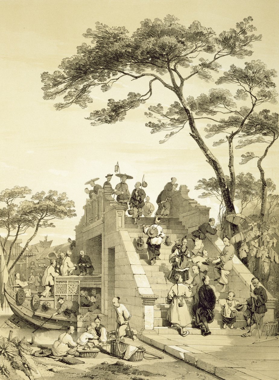 कैंटन के पास पुल, &39;स्केचेस ऑफ चाइना&39; से प्लेट 30, यूजीन सिसरई (1813-90) 1842 (रंगा हुआ लिथो) द्वारा अगस्टे बोरगेट