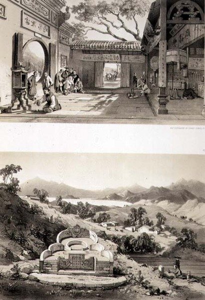 मकाओ में महान मंदिर का आंतरिक दृश्य और हांगकांग और काउलून की खाड़ी के बीच एक मकबरा और गांव, 'स्केच ऑफ चाइना' से प्लेट 8 और 7, यूजीन सिसेरी (1813-90) 1842 (रंगा हुआ लिथो) द्वारा उकेरा गया। द्वारा अगस्टे (बाद) Borget