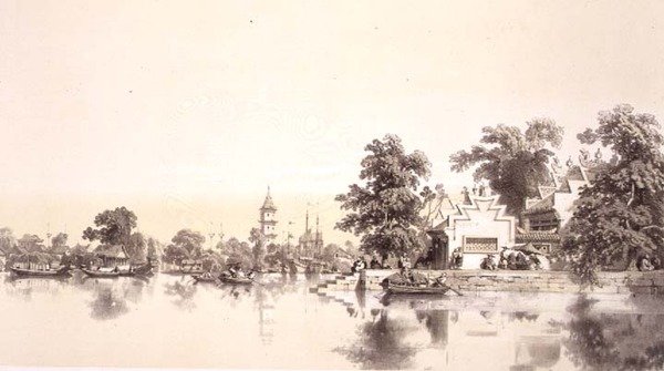 मकाओ-कैंटन नहर पर मंदिर, शिवालय और गांव, 'स्केच ऑफ चाइना' से प्लेट 22, यूजीन सिसेरी (1813-90) 1842 (रंगा हुआ लिथो) द्वारा उकेरा गया द्वारा अगस्टे (बाद) Borget