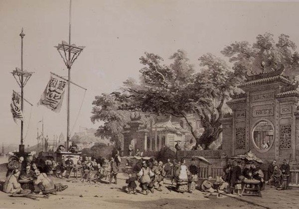 मकाओ के महान मंदिर का मुखौटा, 'चीन के स्केच' से प्लेट 9, यूजीन सिसेरी (1813-90) 1842 (रंगा हुआ लिथो) द्वारा उकेरा गया द्वारा अगस्टे (बाद) Borget
