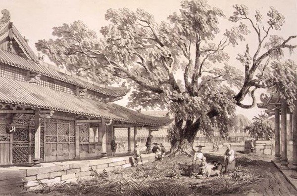 कैंटन के होनान उपनगरों में बुद्ध का मंदिर, 'स्केच ऑफ चाइना' से प्लेट 24, यूजीन सिसेरी (1813-90) 1842 (रंगा हुआ लिथो) द्वारा उकेरा गया द्वारा अगस्टे (बाद) Borget