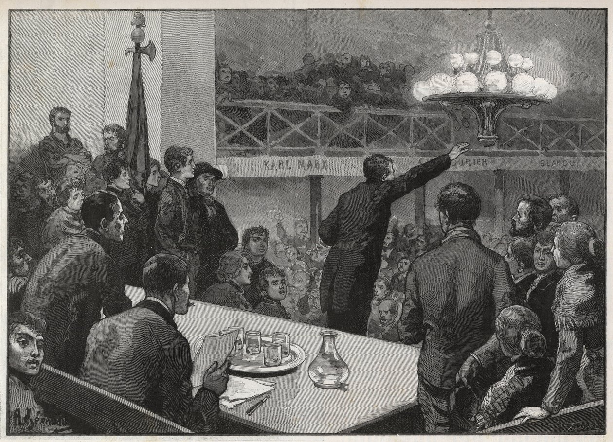 1885 में वूरुइट में हड़ताल के लिए बैठक - 1885 में उत्कीर्णन "ले मोंडे शानदार" - जेरार्डिन द्वारा ड्राइंग द्वारा अगस्टे (बाद) जेरार्डिन