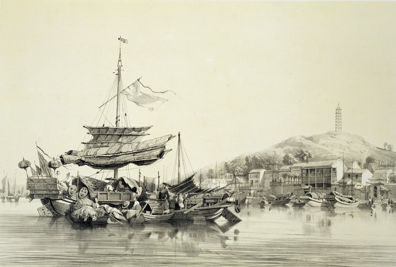 हांग शांग, &39;स्केचेस ऑफ़ चाइना&39; से प्लेट 17, यूजीन सिसरई (1813-90) 1842 (टिंटेड लिथो) द्वारा उत्कीर्ण द्वारा अगस्टे बोरगेट