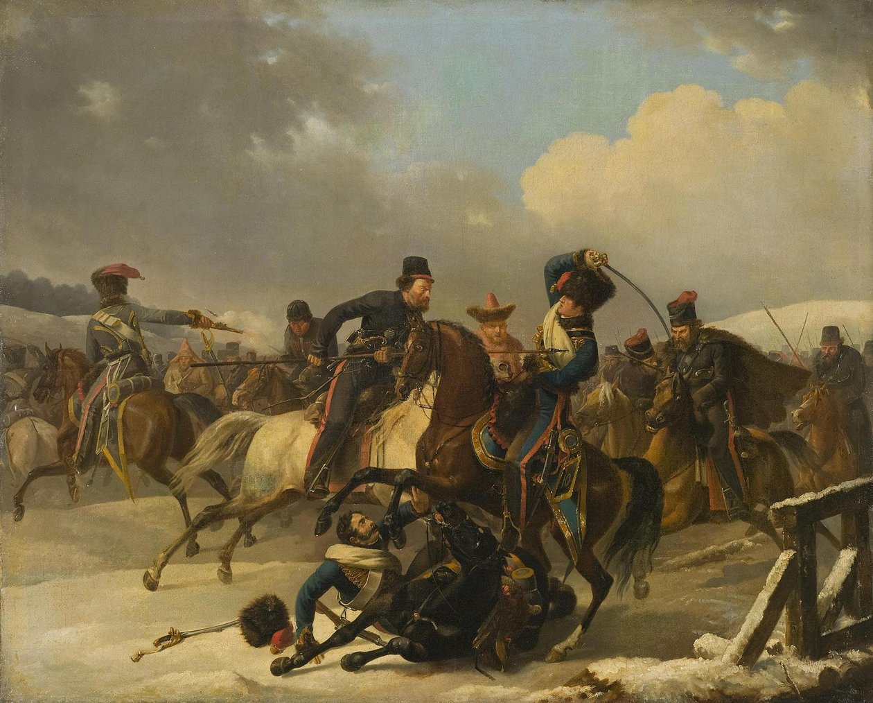 1812, 1827 में पीछे हटने वाले फ्रांसीसी सैनिकों का पीछा करने वाले कोसैक्स द्वारा अगस्टे जोसेफ डेसर्नोडी